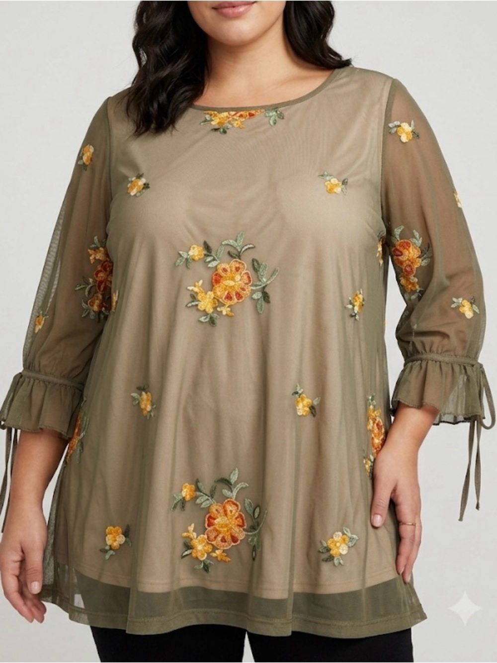 Fig and Flower Floral Embroidered Mesh Top Olive Green Boho Ruffled Sleeve XLXXL